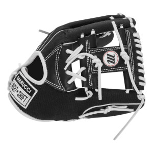 Side view of a black canvas and leather baseball glove with white laces, a circular M logo, and a white wrist patch reading MARUCCI NIGHTSHIFT.