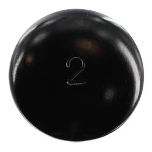 Top-down view of a black baseball bat knob with a white number 2.