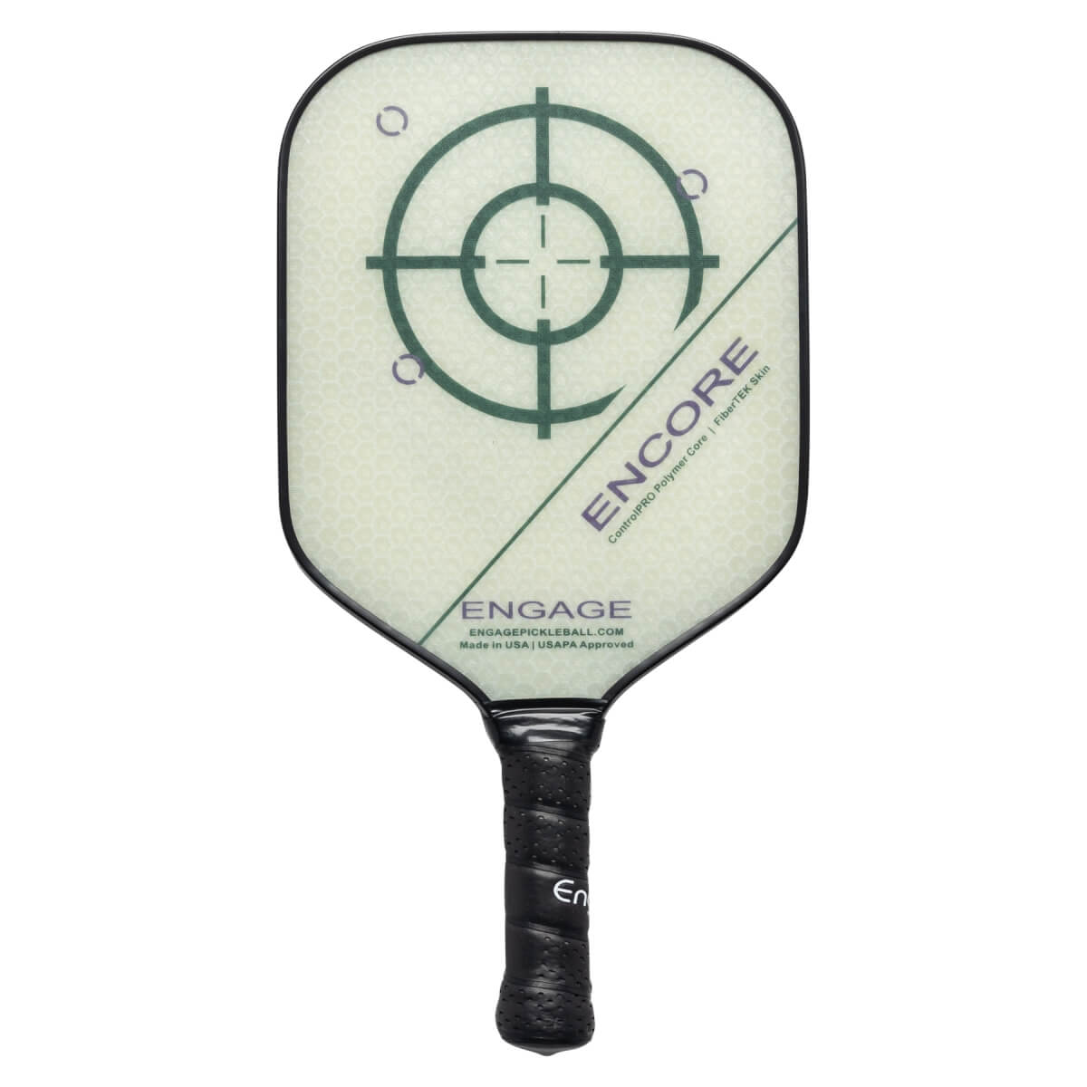 Front view of a white pickleball paddle with a green target design, ENCORE text, and a black grip.