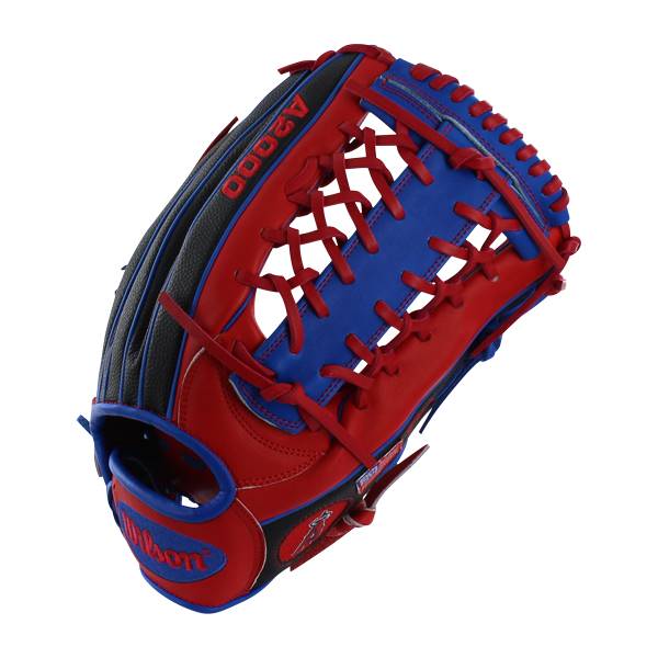 Top-down view of a red and blue baseball glove with black accents and A2000 branding.