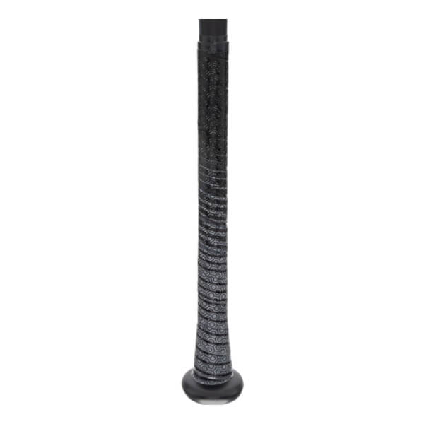 Close-up of a black baseball bat grip with a patterned texture and a black end cap.