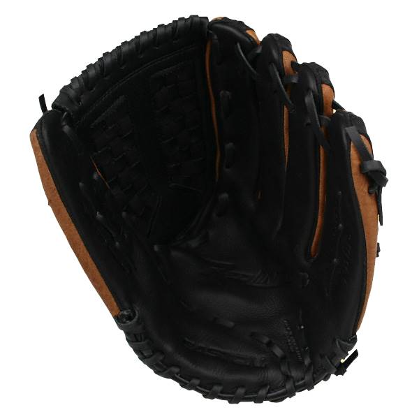 Top-down view of a black and tan baseball glove with a deep pocket and stitched finger stalls.