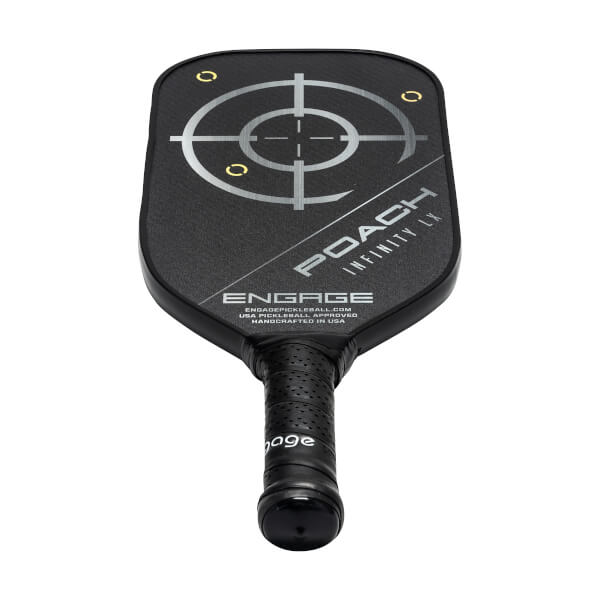 Front view of a black pickleball paddle with a target design, POACH INFINITY LX text, and ENGAGE logo.