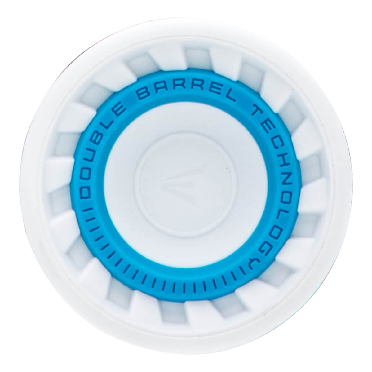 Top-down view of a white and blue fastpitch softball bat end cap with DOUBLE BARREL TECHNOLOGY text and Easton logo.