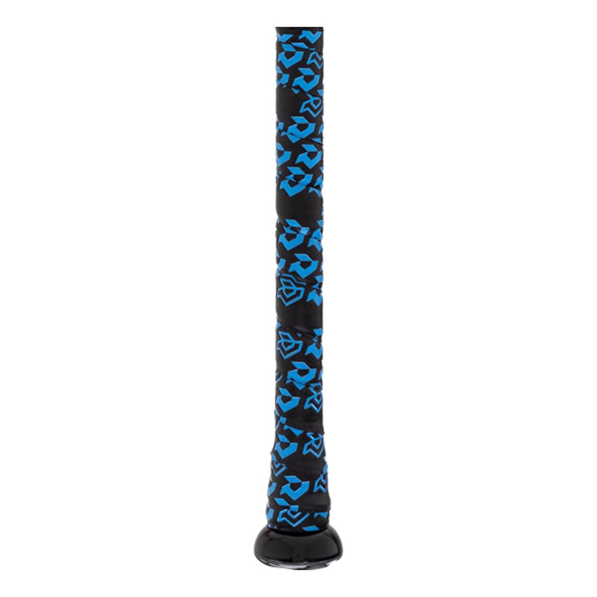 Close-up of the black baseball bat grip with a blue geometric pattern and a black knob.