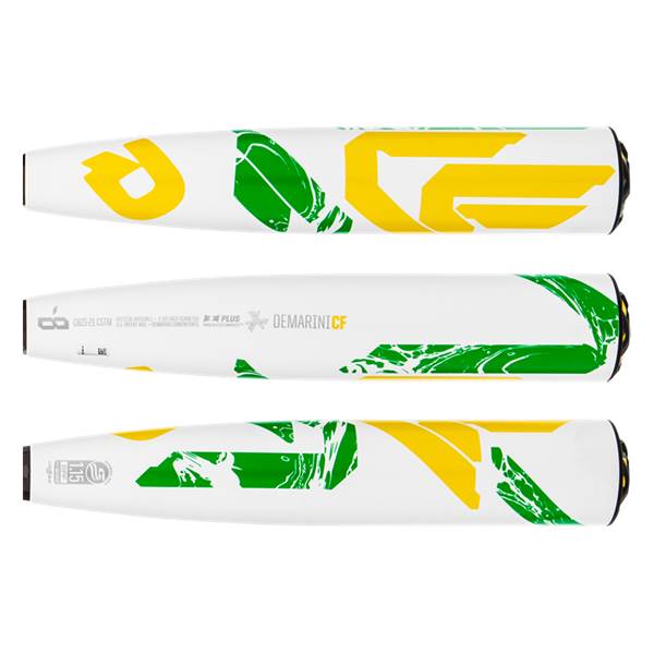 Side view of a white baseball bat with yellow and green graphics and DEMARINI CF text.