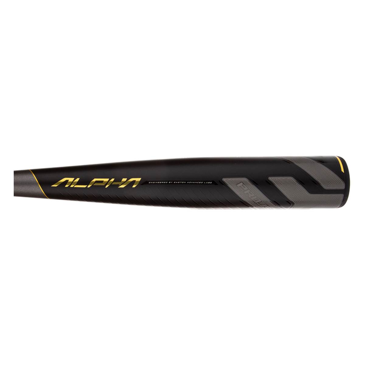 Side view of a black baseball bat with gold ALPHA text and gray accents.