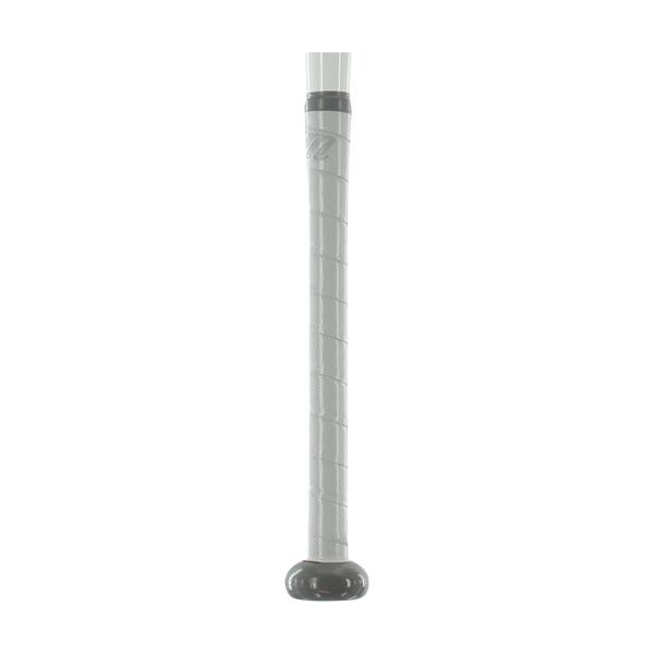 Close-up of a white baseball bat grip with a black end cap and gray accents.