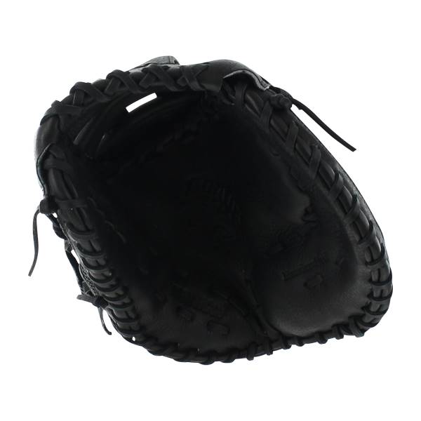 Top-down view of a black first base mitt with a deep pocket and reinforced lacing.