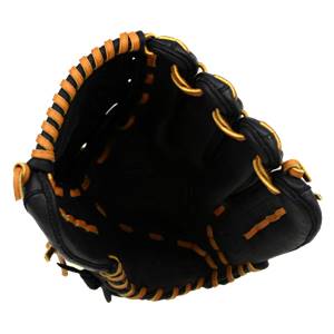 Inside view of a black baseball glove with tan lacing and a visible V logo.