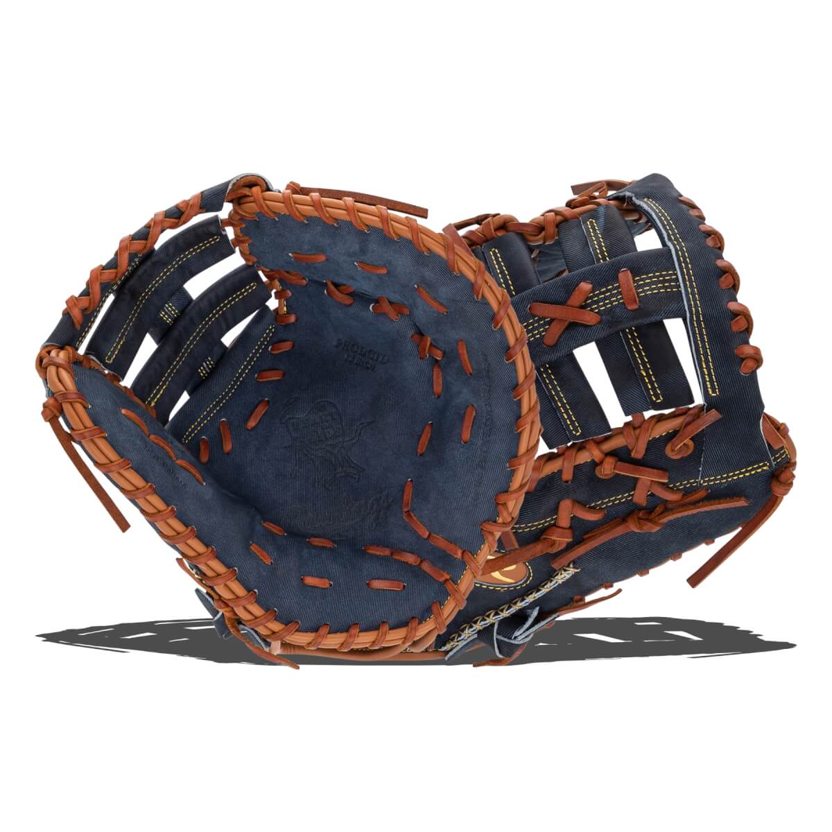 Top-down view of a navy baseball glove with tan lacing and a debossed logo.