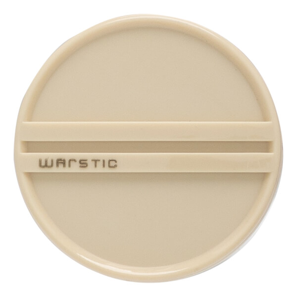 Top-down view of a cream bat end cap with two raised horizontal lines and WARSTIC text.