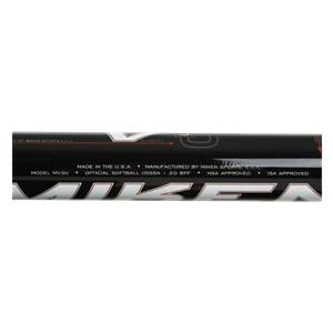 Side view of a black Miken softball bat with MODEL MV3U and OFFICIAL SOFTBALL USSSA 1.20 BPF text.