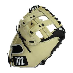 Side view of a tan catchers mitt with black lacing and an m logo.