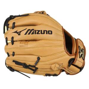 Front view of a tan Mizuno baseball glove with black lacing and Mizuno branding.