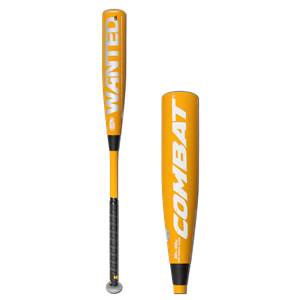 Side view of a yellow baseball bat with COMBAT and WANTED text.