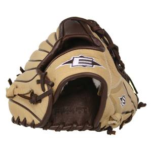Front view of a tan baseball glove with brown lacing and white Easton E logo.