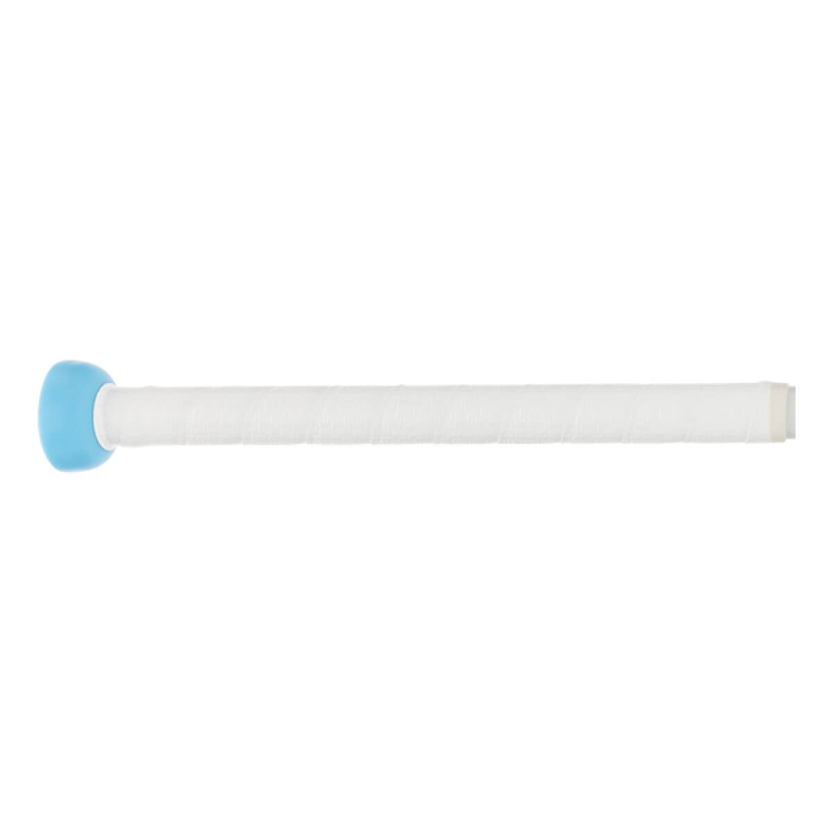 Side view of a white fastpitch softball bat with a light blue knob and a long white wrapped barrel.