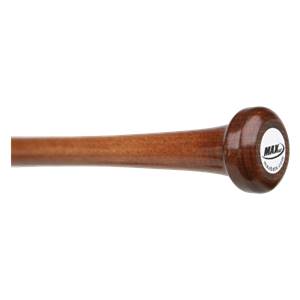 Close-up of a brown wood baseball bat with a white circular logo and MAX visible.
