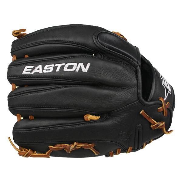 Front view of a black baseball glove with white EASTON text and tan lacing.