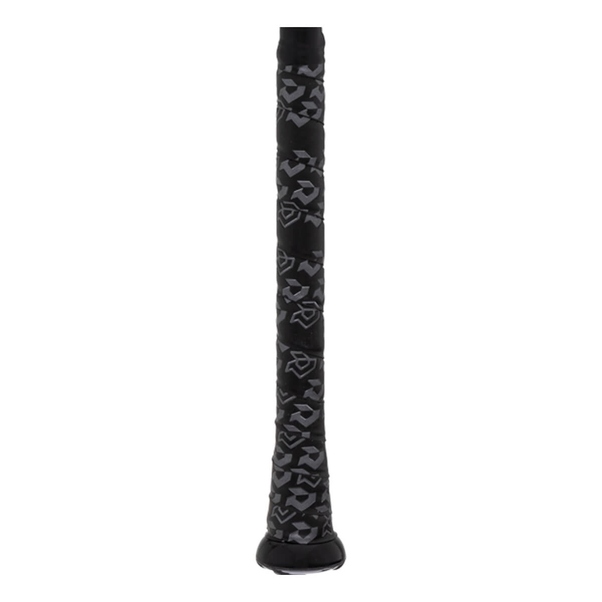 Close-up of a black baseball bat grip with a repeating gray logo pattern.