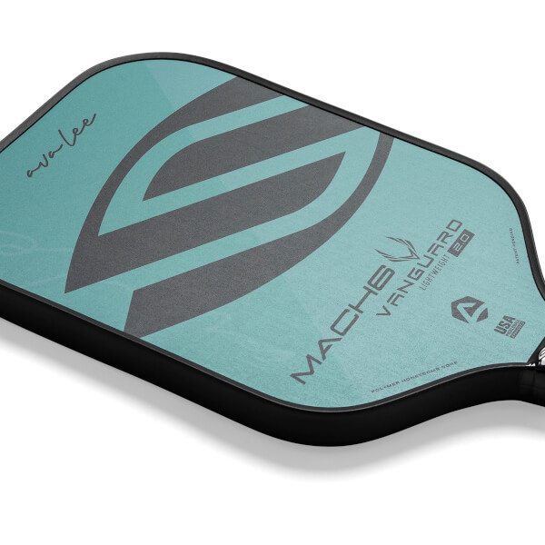 Top-down view of a teal pickleball paddle with a large grey V-shaped graphic, MACH6 VANGUARD 2.0 text, and ava lee signature.