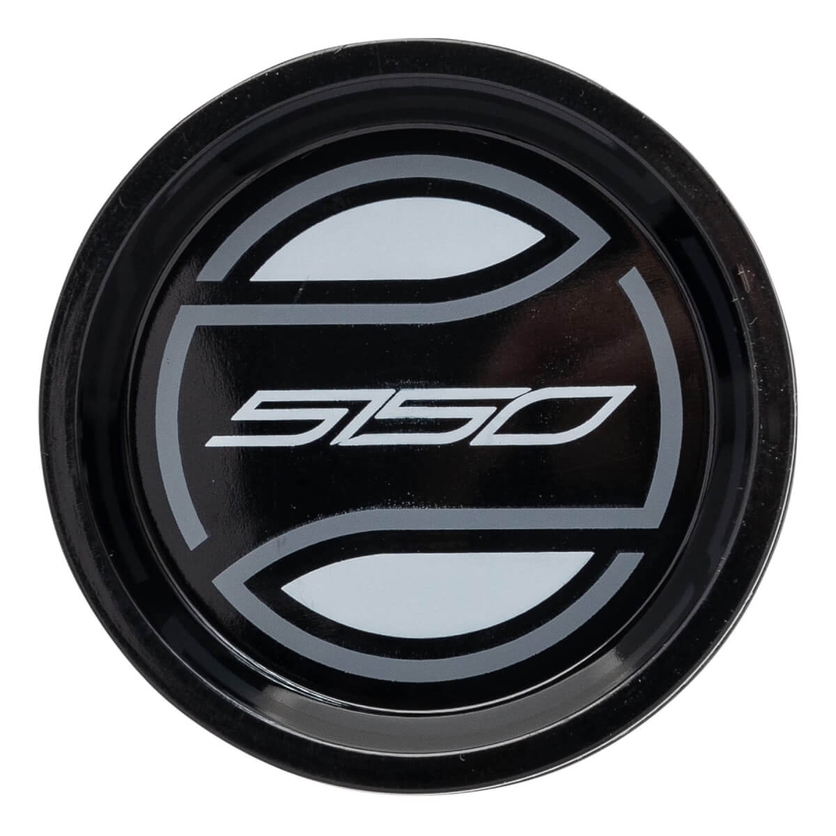 Top-down view of a black baseball bat end cap with a white 5150 logo and grey accents.