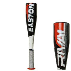 Front view of a black and white baseball bat with EASTON text and a gray grip.
