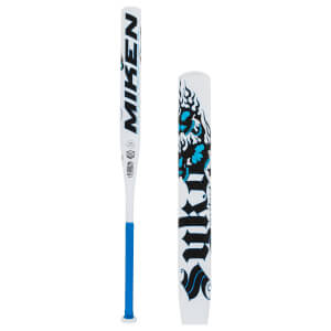 Front and close-up barrel views of a white softball bat with a blue grip, featuring bold MIKEN and SYKO branding with a blue skull and flame graphic.