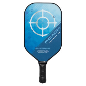 Front view of a blue pickleball paddle with a target design, POACH INFINITY SX text, and a black grip.