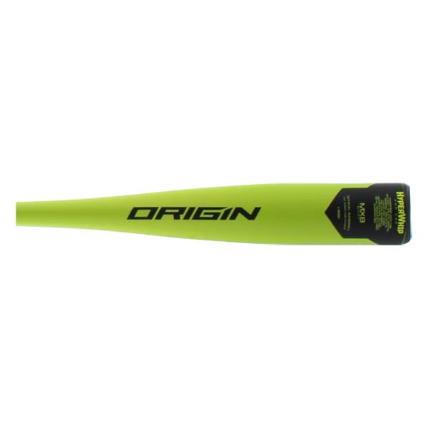Top-down view of a neon yellow baseball bat with ORIGIN and HYPERWHIP text.