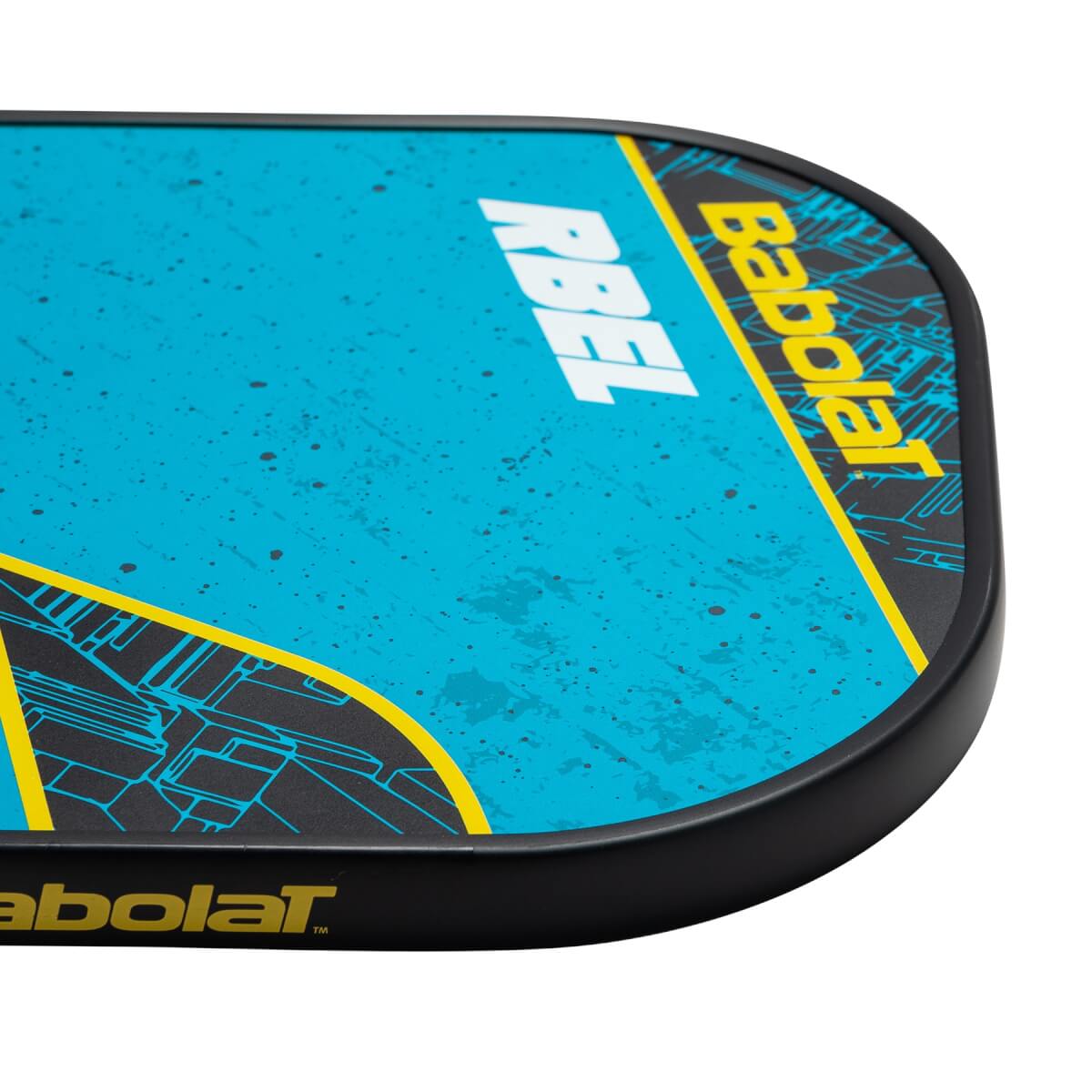 Corner view of a blue Babolat RBEL Hybrid pickleball paddle with yellow and black graphics.