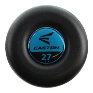 End view of a black baseball bat with a blue Easton logo and 27 marking.