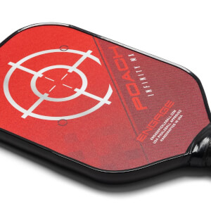 Corner view of a red pickleball paddle with a white target and red text.