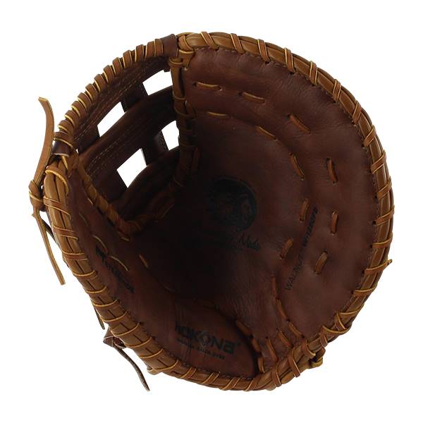 Top-down view of a brown Nokona first base mitt with visible Nokona and Walnut branding.