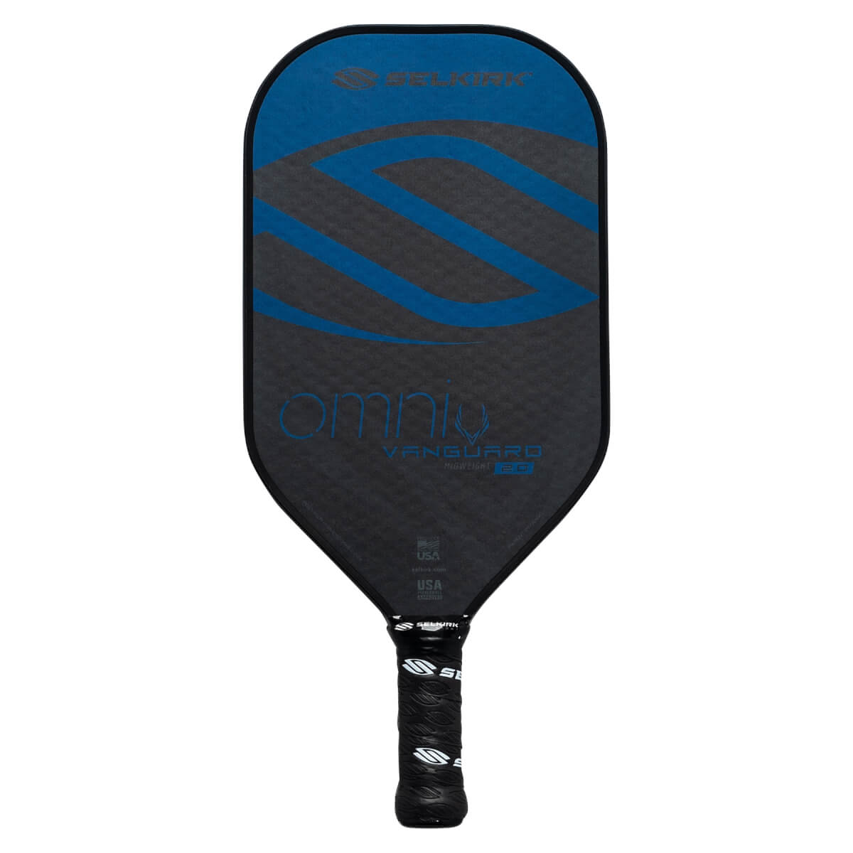 Front view of a black pickleball paddle with blue S-shaped graphics, omni text, and a black grip.