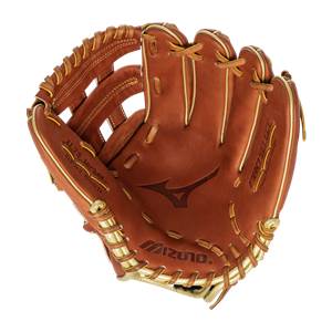 Front view of a brown baseball glove with gold lacing, Mizuno logo, and PRO SELECT text.