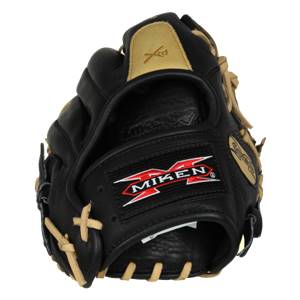 Top-down view of a black baseball glove with tan lacing and a Miken logo.
