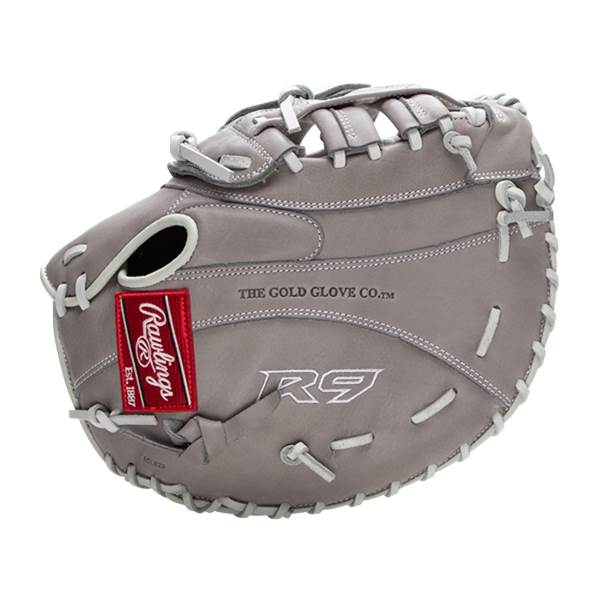 Front view of a gray Rawlings R9 first base mitt with a red Rawlings logo patch and THE GOLD GLOVE CO.™ text.