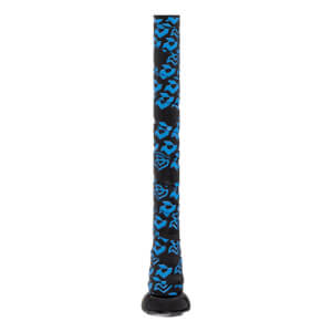 Close-up of the black baseball bat grip with a blue geometric pattern and a black knob.