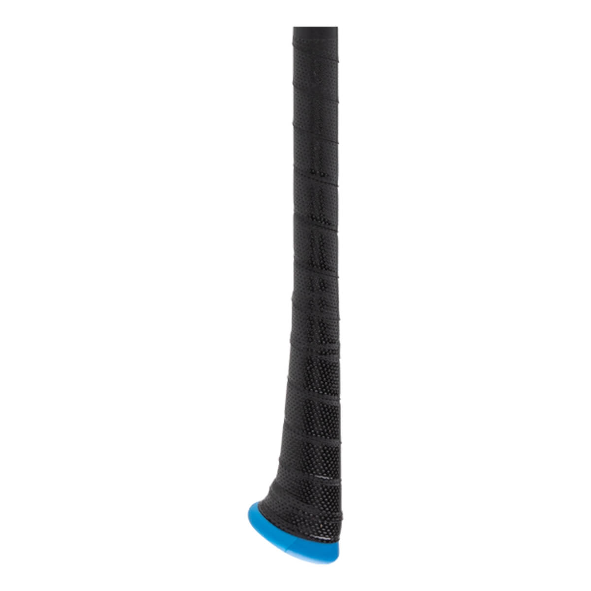 Close-up of a black baseball bat grip with a blue end cap.