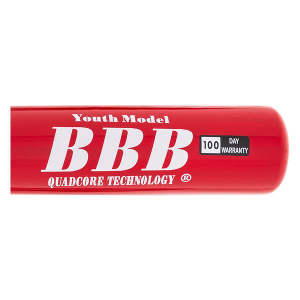 Close-up side view of a red baseball bat with Youth Model, BBB logo, and 100 DAY WARRANTY text.