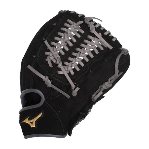 Top-down view of a black baseball glove with grey lacing and a gold Mizuno logo.