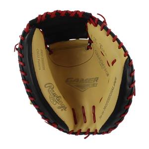 Top-down view of a black and tan Rawlings catchers mitt with red lacing and GAMER XLE logo.