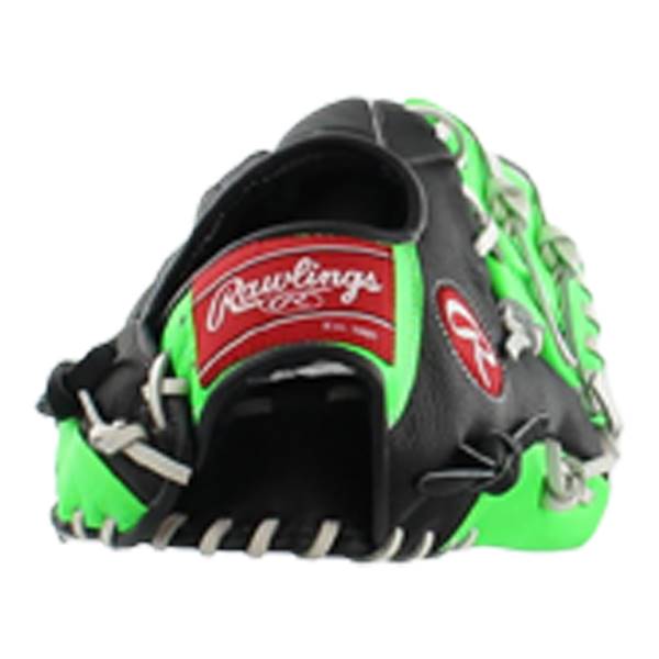 Front view of a black baseball glove with neon green accents and a red Rawlings logo patch.