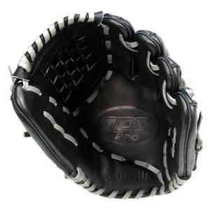 Interior view of a black Louisville Slugger fastpitch glove with white stitching and TPS PRO embossed on the palm.