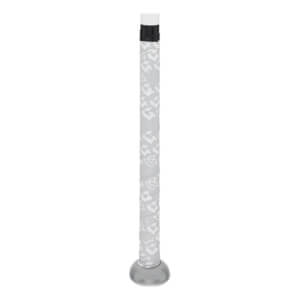 Side view of a light gray bat handle with a repeating pattern, black band, white end cap, and gray knob.