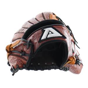 Front view of a brown baseball glove with a white A logo and textured leather.
