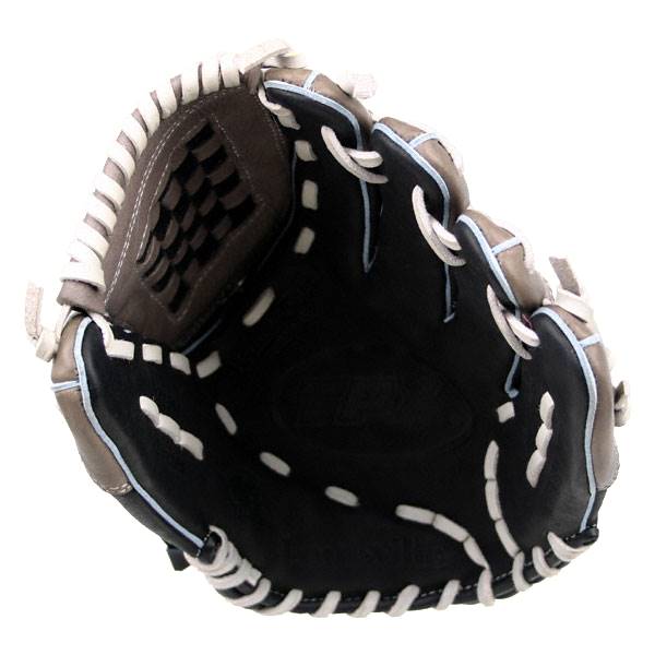 Top-down view of a black Louisville Slugger Helix Series baseball glove with white lacing and grey accents.