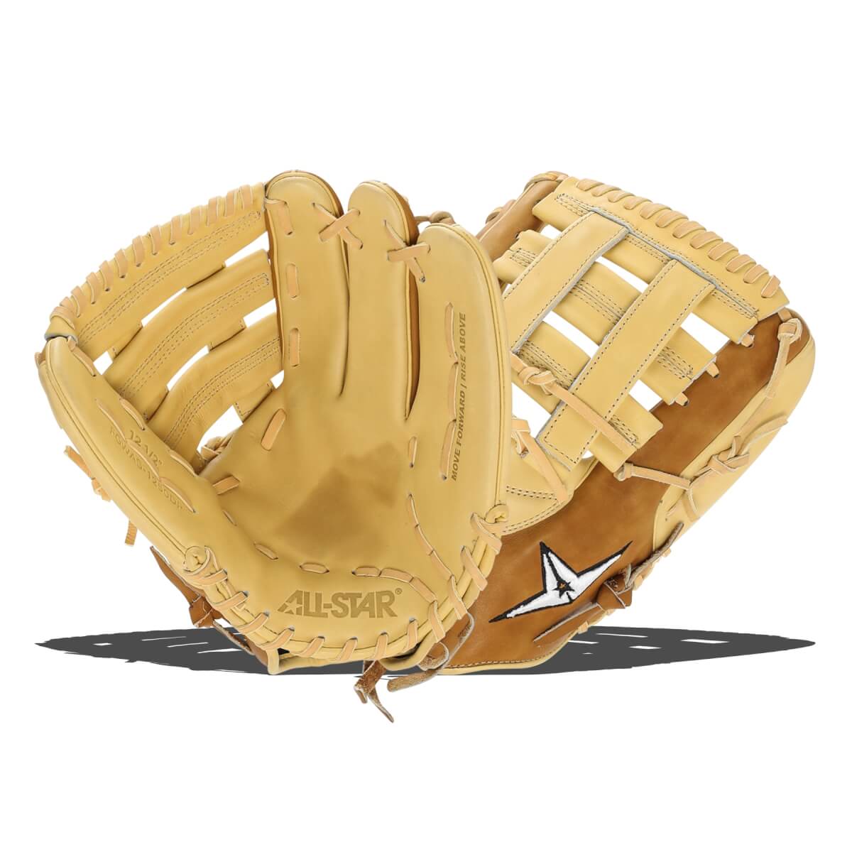 Front view of a tan fastpitch softball glove with ALL-STAR logo and a white star emblem.
